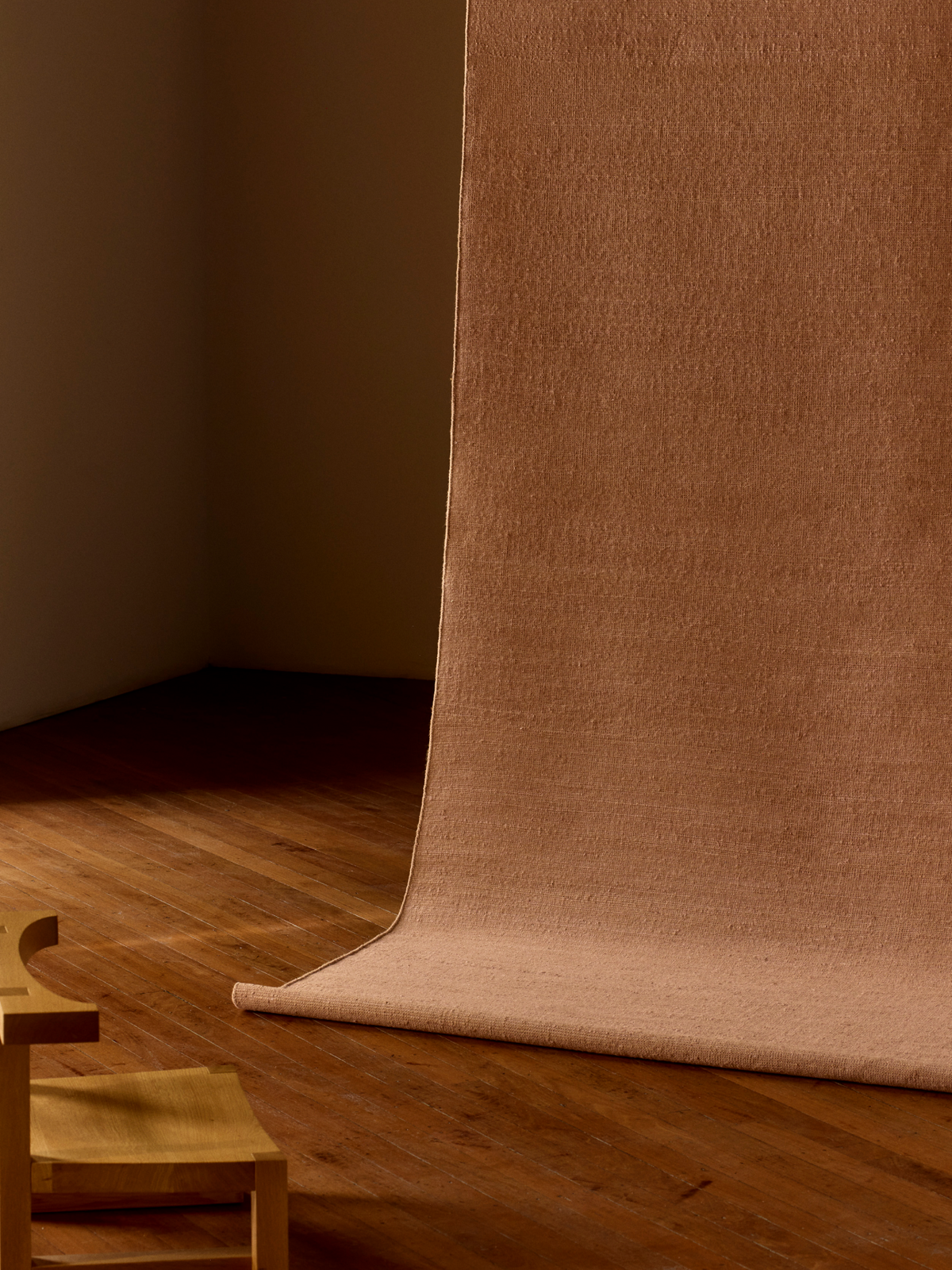 Beige rug backdrop on a wooden surface with a brown wall in the background | Armadillo Aerie Rug