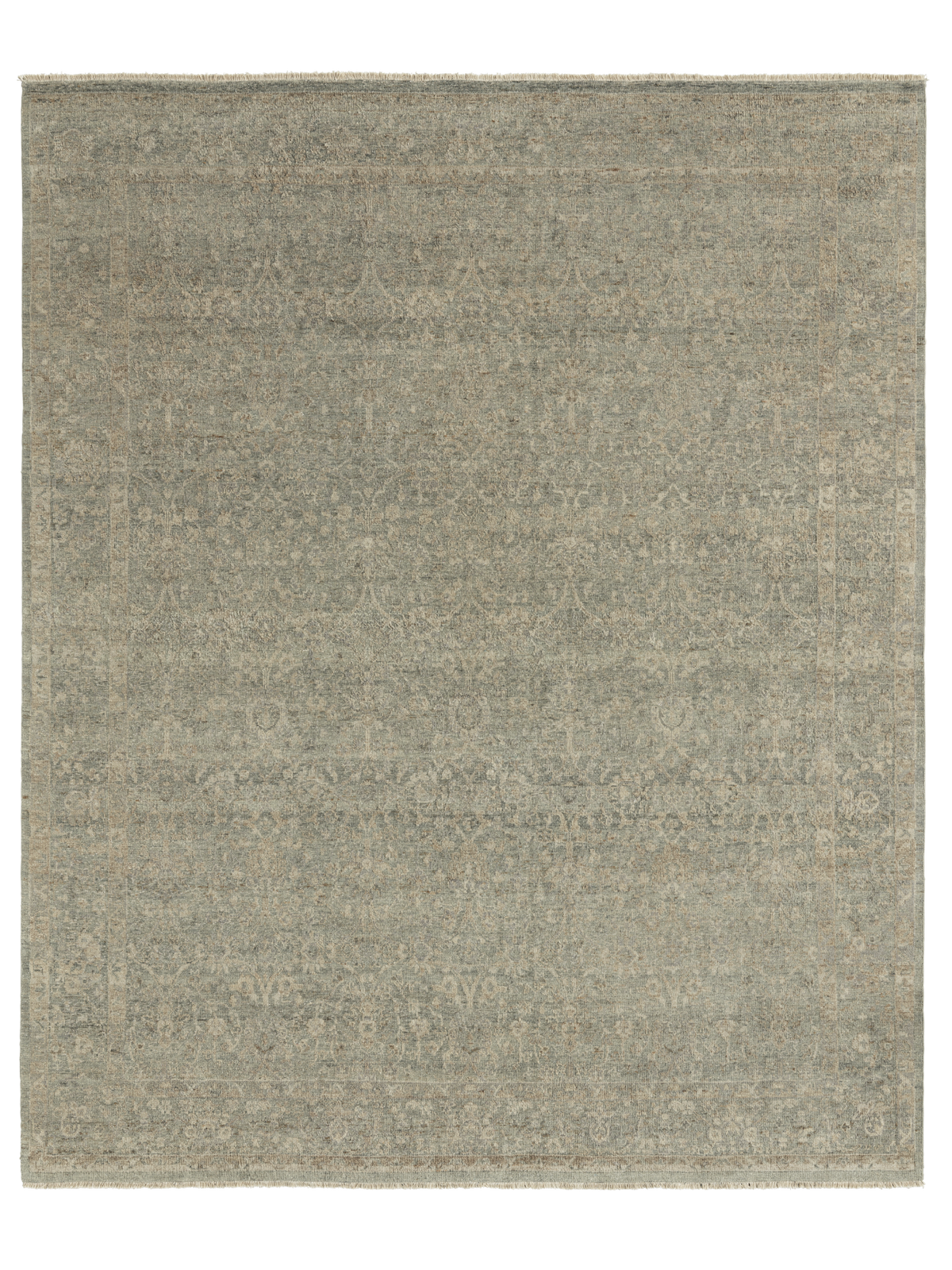 A rectangular area rug with a distressed, traditional pattern in muted grey-green and beige tones | Armadillo Adagio Rug